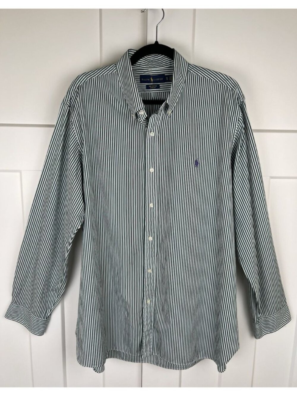 Ralph Lauren Cotton Stretch Shirt Men's XL Hunter Green White Stripe Purple Pony